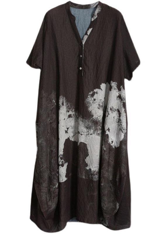 Stylish Brown Print Button Cotton Summer Long Dresses - Omychic