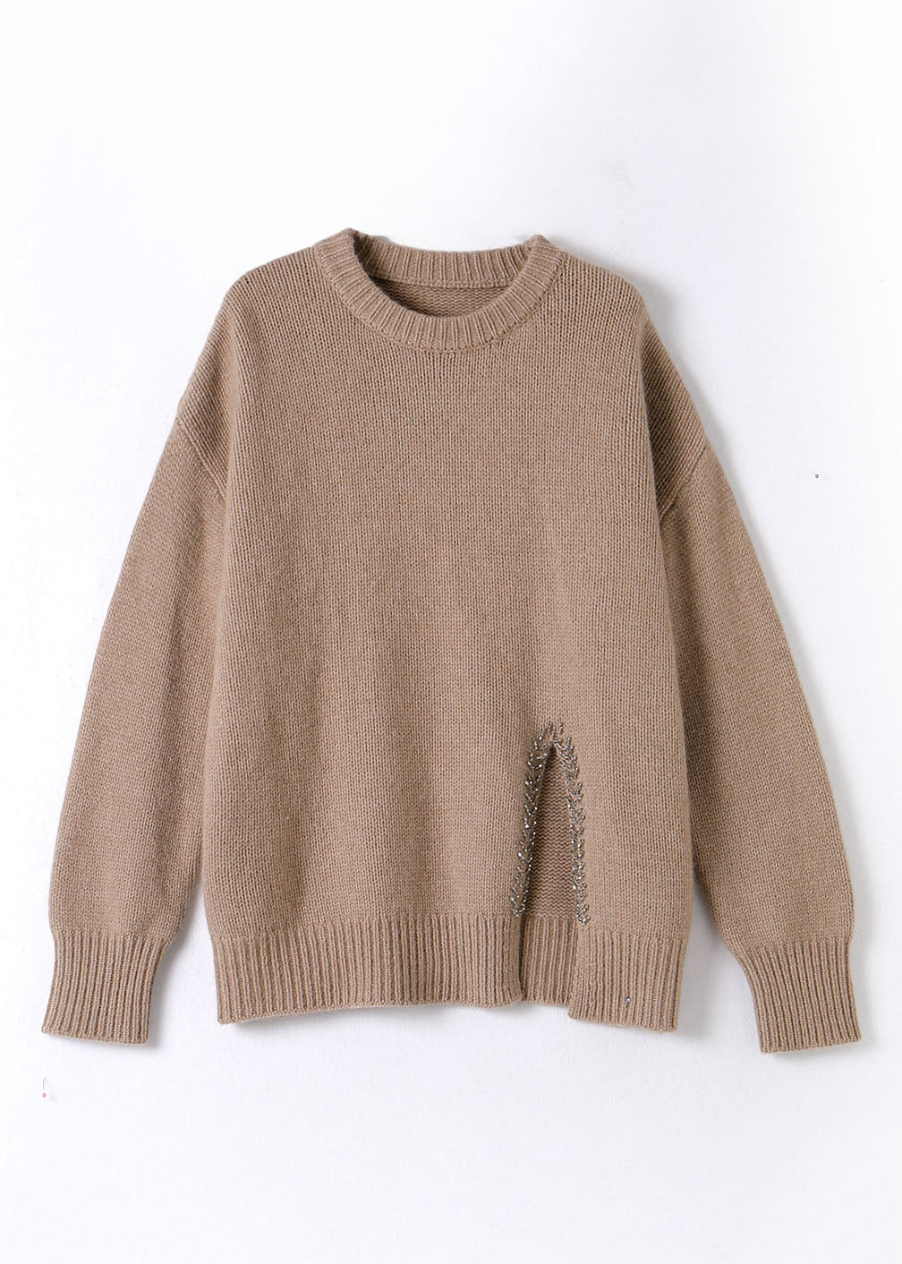 Stylish Camel Asymmetrical Design Wool Cotton Knit Sweater Long Sleeve