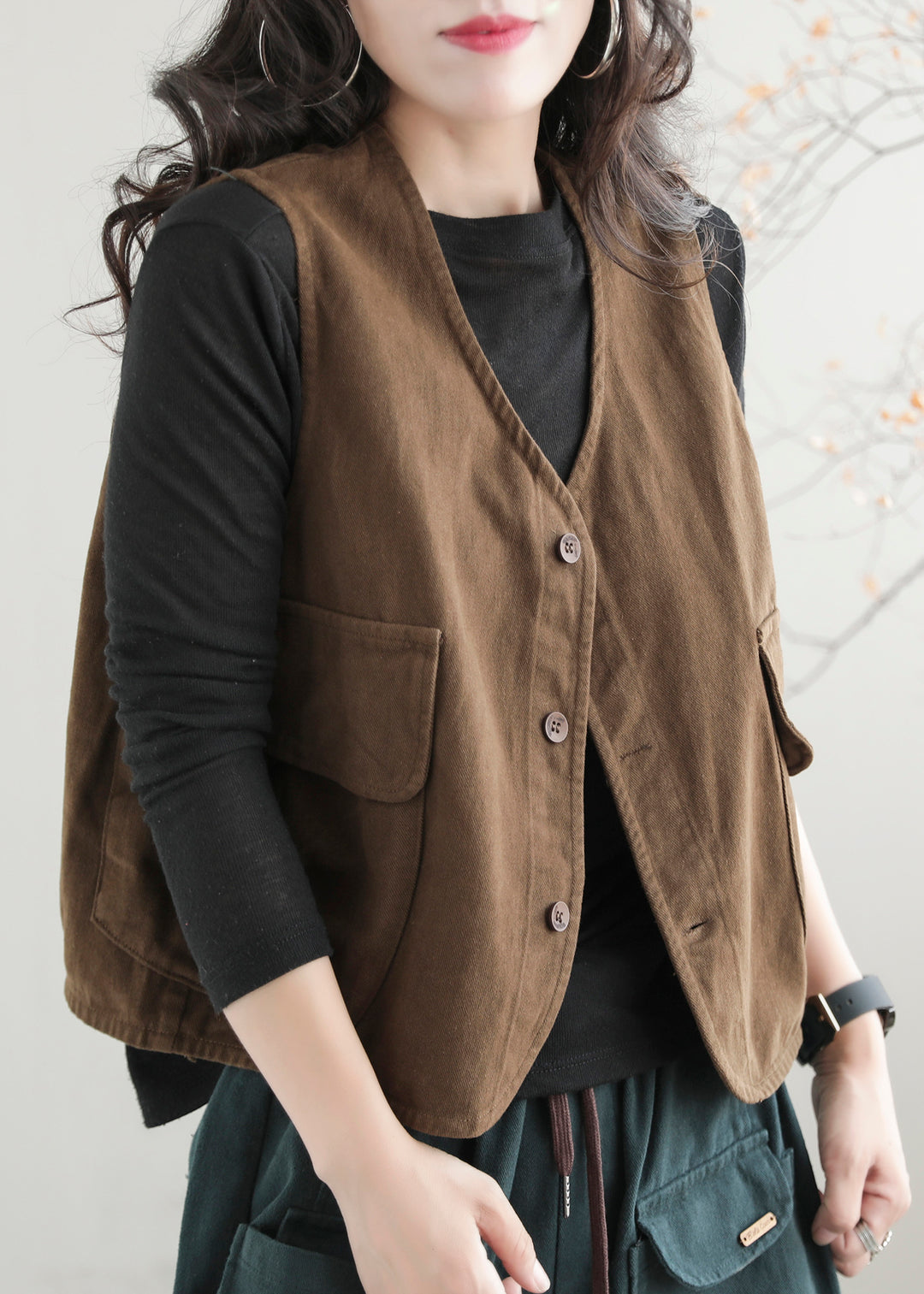 Stylish Coffee Colour V Neck Pockets Waistcoat Sleeveless