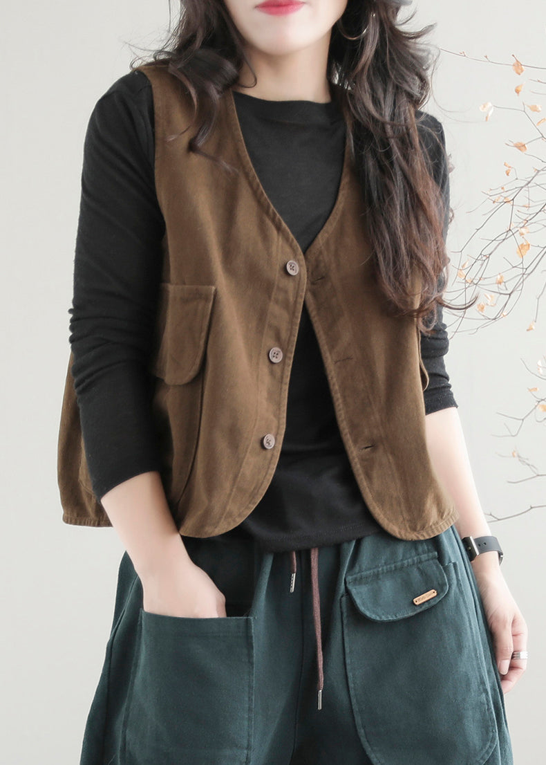 Stylish Coffee Colour V Neck Pockets Waistcoat Sleeveless