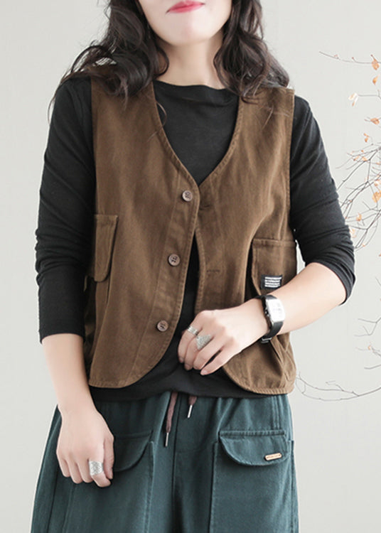 Stylish Coffee Colour V Neck Pockets Waistcoat Sleeveless