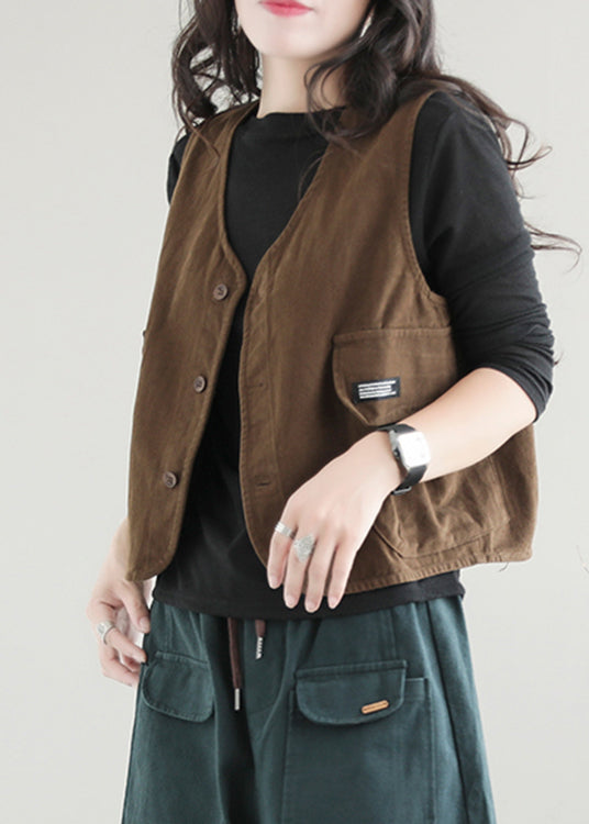 Stylish Coffee Colour V Neck Pockets Waistcoat Sleeveless