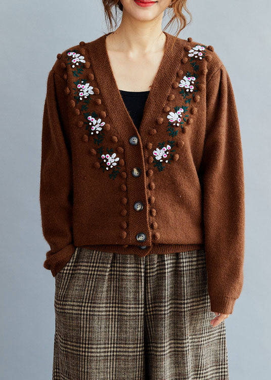 Stylish Coffee Embroideried Wool Knit Loose Cardigans Winter