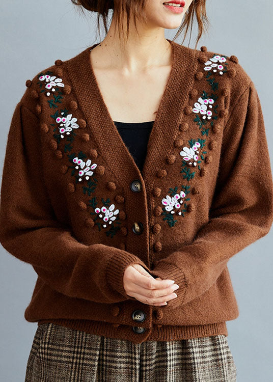 Stylish Coffee Embroideried Wool Knit Loose Cardigans Winter