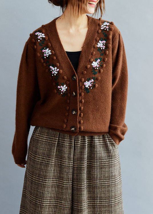Stylish Coffee Embroideried Wool Knit Loose Cardigans Winter