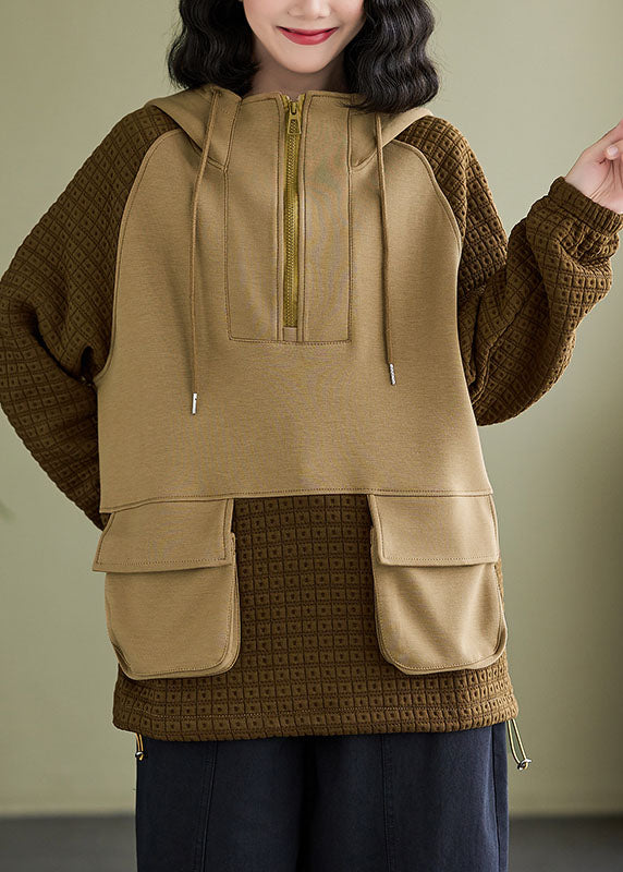 Stylish Coffee Pockets Zippered Patchwork Hooded Pullover Fall