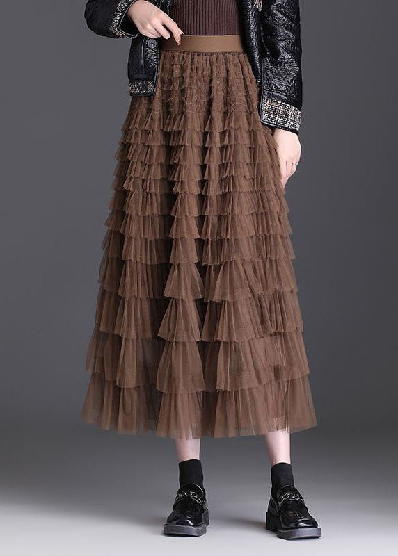 Stylish Coffee Ruffled Layered Patchwork Tulle Skirt Spring