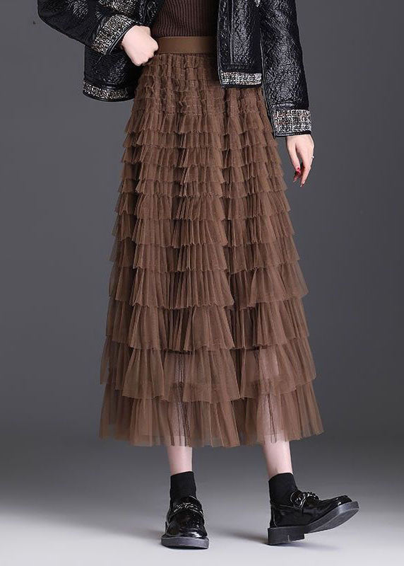 Stylish Coffee Ruffled Layered Patchwork Tulle Skirt Spring