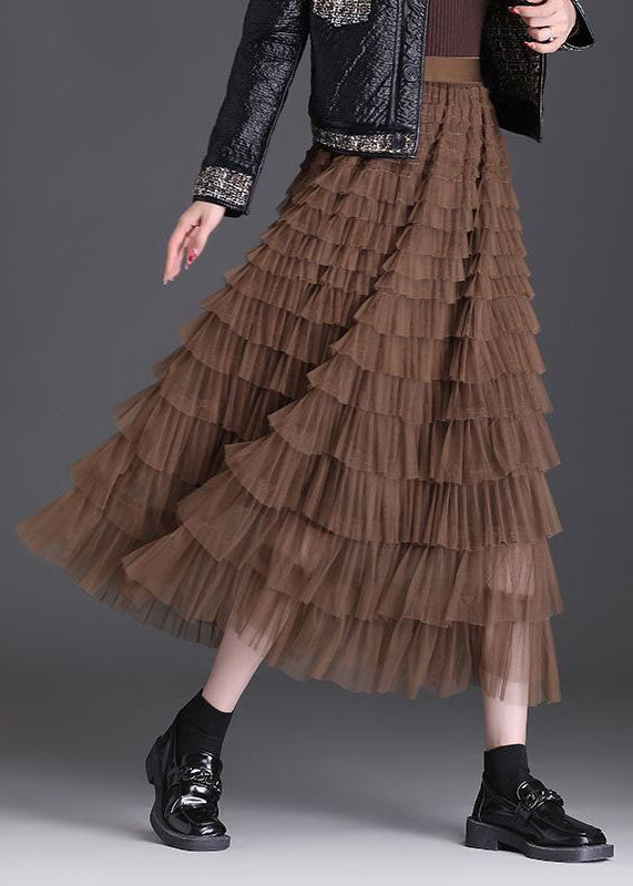 Stylish Coffee Ruffled Layered Patchwork Tulle Skirt Spring