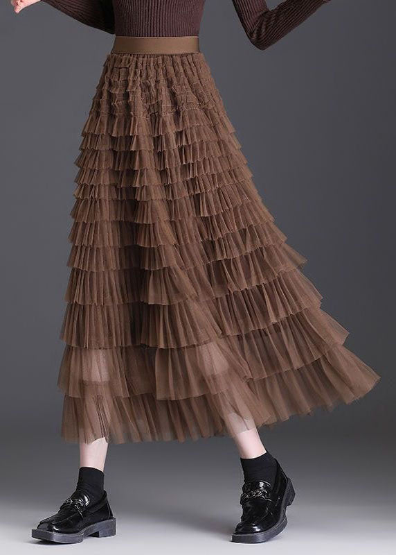 Stylish Coffee Ruffled Layered Patchwork Tulle Skirt Spring