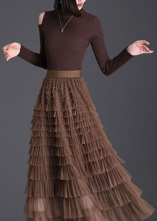 Stylish Coffee Ruffled Layered Patchwork Tulle Skirt Spring