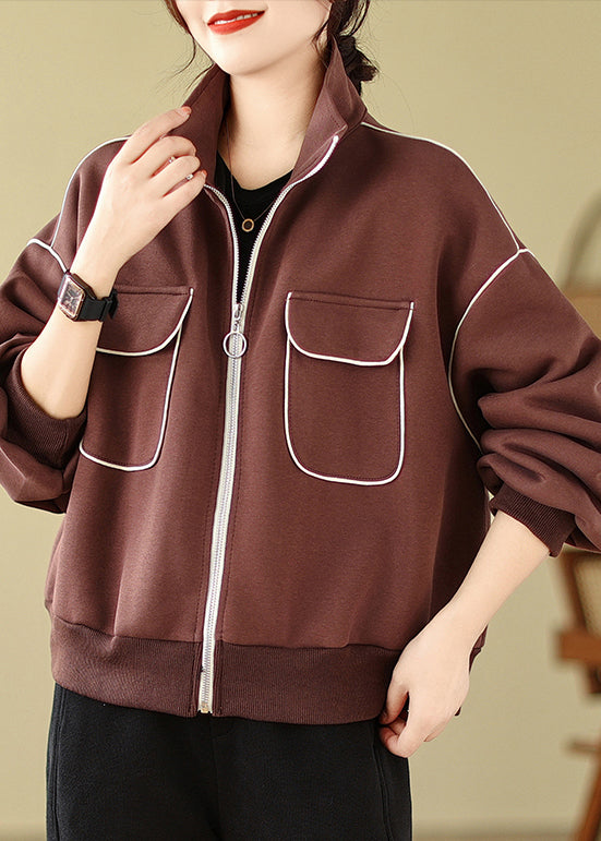 Stylish Coffee Zip Up Pockets Cotton Jacket Spring