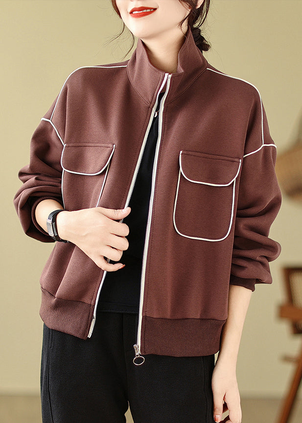 Stylish Coffee Zip Up Pockets Cotton Jacket Spring