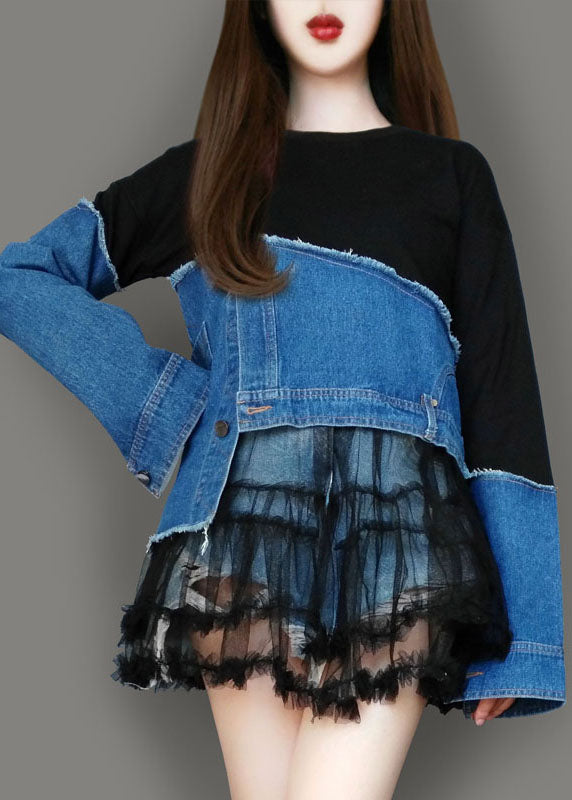 Stylish Colorblock Asymmetrical Denim Patchwork Cotton Sweatshirts Top Spring