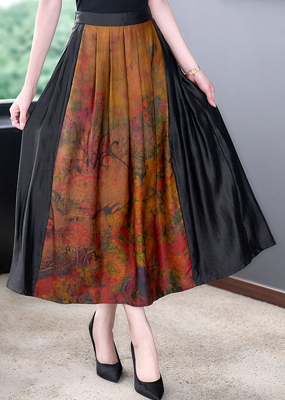 Stylish Colorblock High Waist Patchwork Exra Large Hem Silk Pleated Skirt Summer