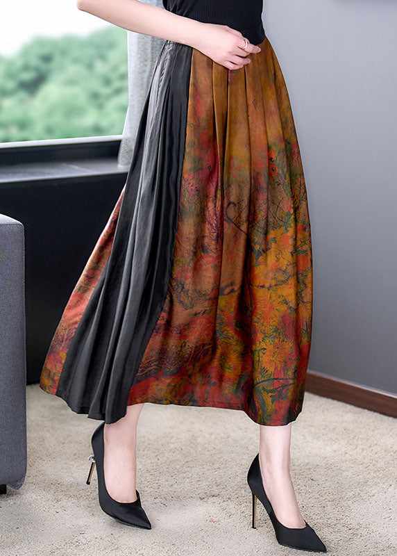 Stylish Colorblock High Waist Patchwork Exra Large Hem Silk Pleated Skirt Summer