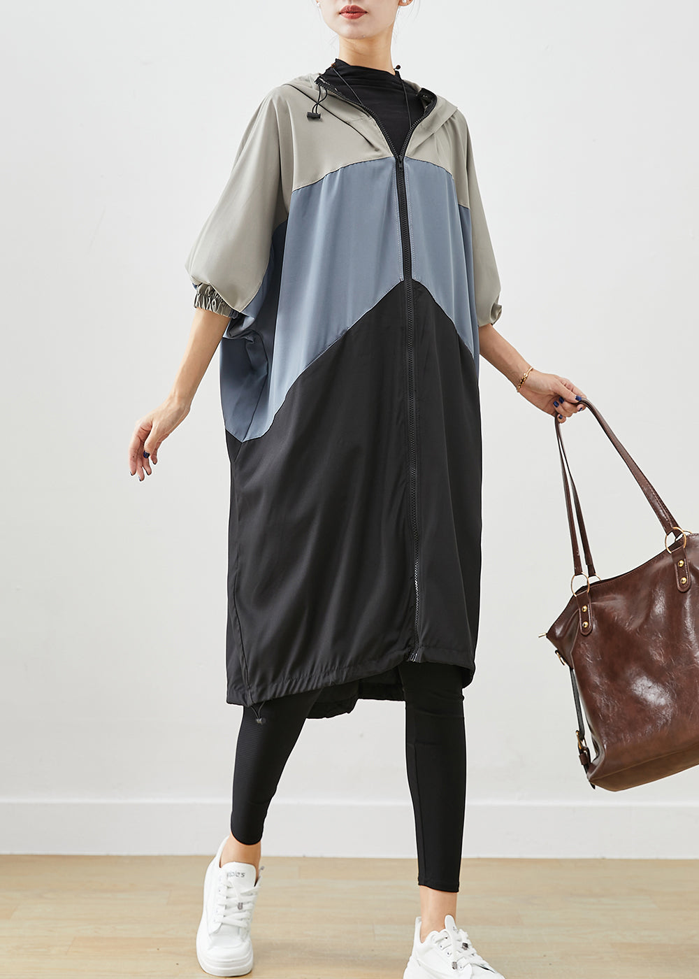 Stylish Colorblock Oversized Patchwork Drawstring Spandex Trench Fall