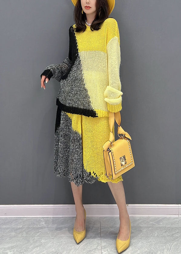 Stylish Colorblock Oversized Patchwork Knit Two Pieces Set Fall