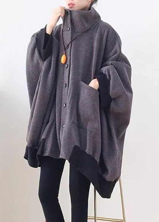 Stylish Dark Gray Pockets Button Knit asymmetrical design Fall Loose Sweatshirts Coat - Omychic
