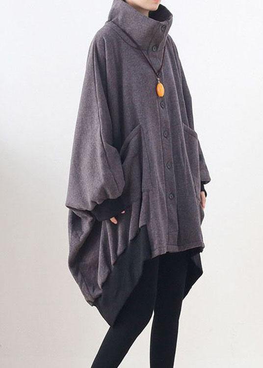 Stylish Dark Gray Pockets Button Knit asymmetrical design Fall Loose Sweatshirts Coat - Omychic