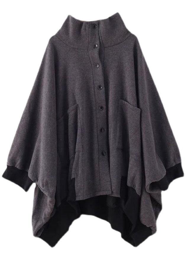 Stylish Dark Gray Pockets Button Knit asymmetrical design Fall Loose Sweatshirts Coat - Omychic