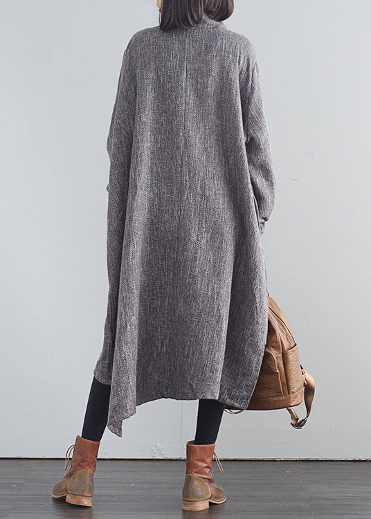 Stylish Dark Gray Turtleneck Asymmetrical Low High Design Cotton Long Dresses Fall