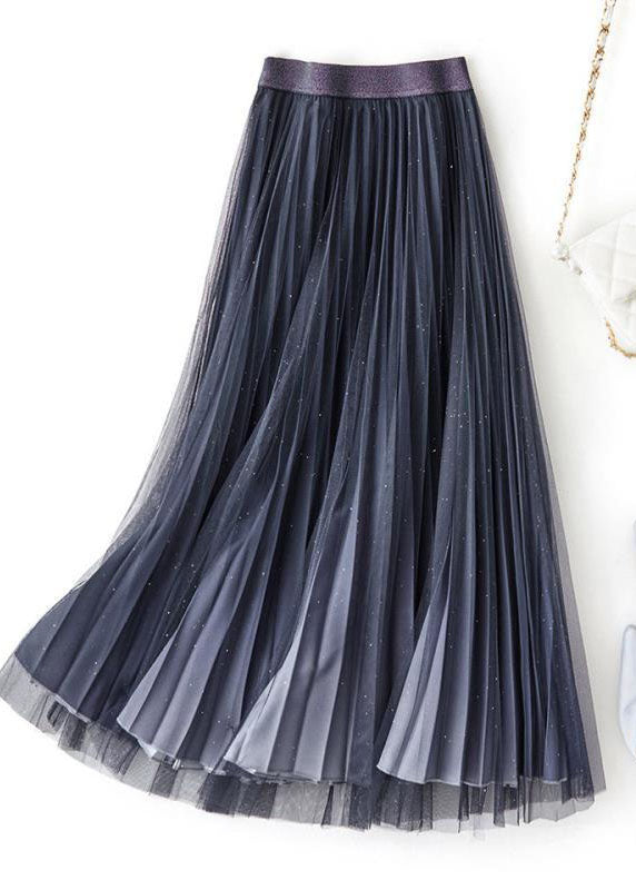 Stylish Dark Grey Elastic Waist Sequins Tulle Pleated Skirt Summer