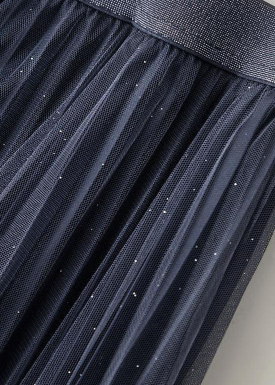 Stylish Dark Grey Elastic Waist Sequins Tulle Pleated Skirt Summer