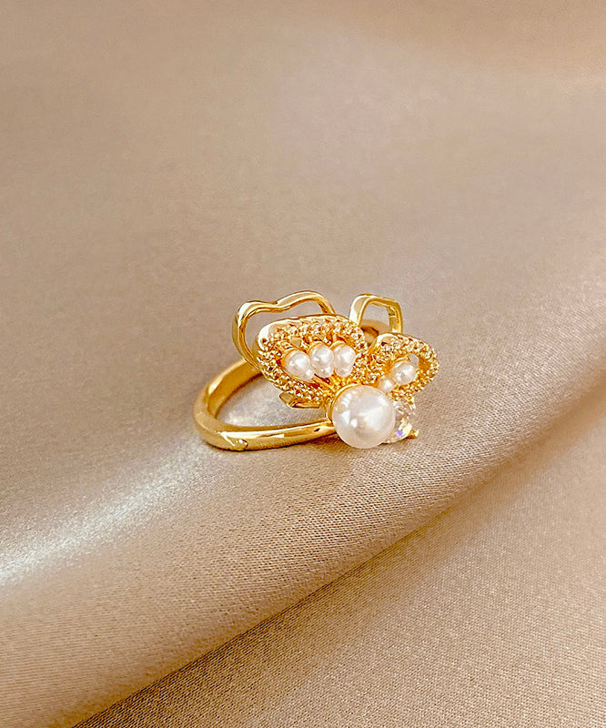 Stylish Gold Alloy Inlaid Pearl Gem Stone Zircon Bow Rings