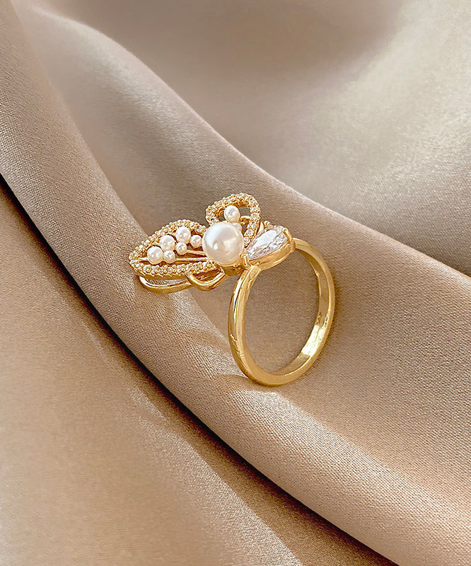 Stylish Gold Alloy Inlaid Pearl Gem Stone Zircon Bow Rings