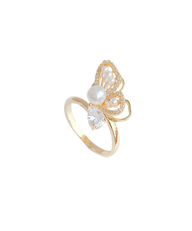 Stylish Gold Alloy Inlaid Pearl Gem Stone Zircon Bow Rings