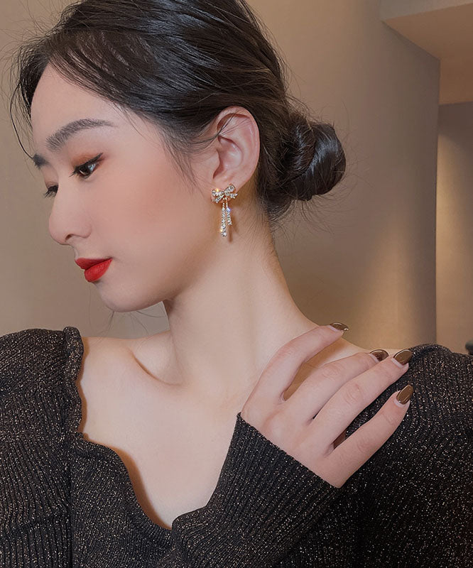 Stylish Gold Alloy Zircon Bow Tassel Drop Earrings