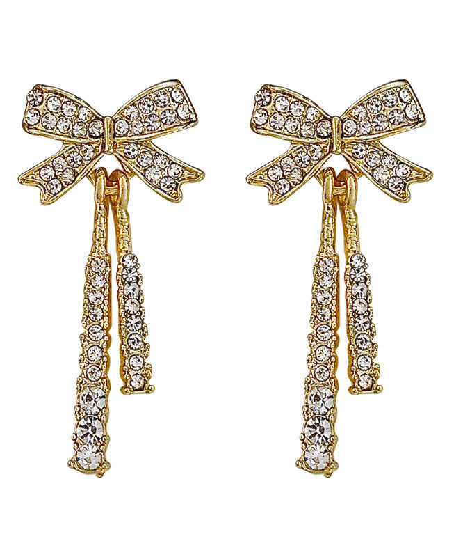 Stylish Gold Alloy Zircon Bow Tassel Drop Earrings