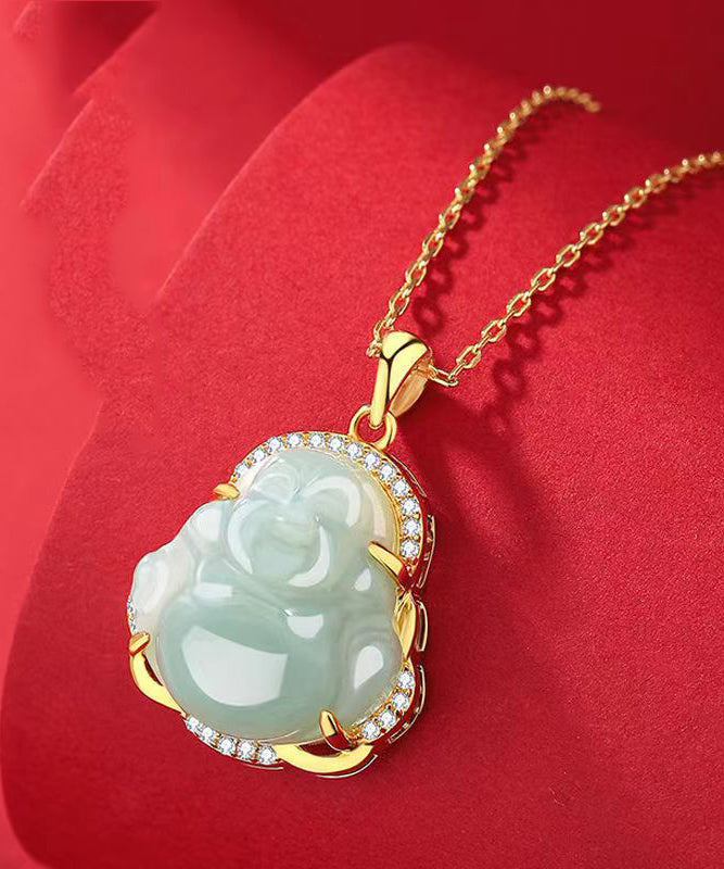 Stylish Gold Sterling Silver Overgild Zircon Jade Maitreya Pendant Necklace