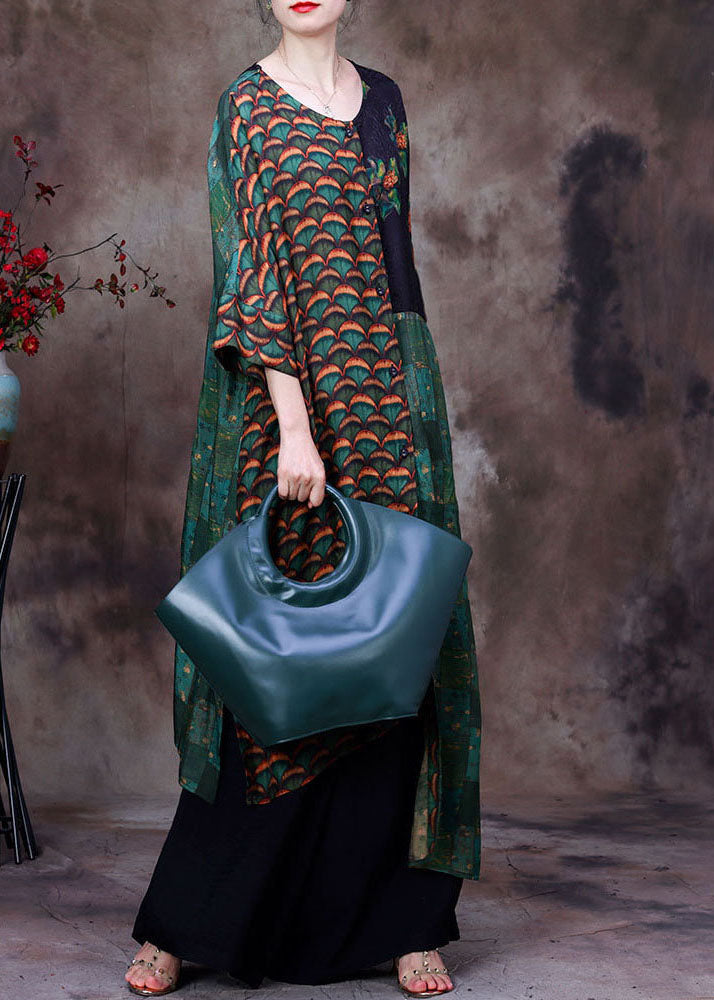 Stylish Green Asymmetrical Design Patchwork Silk Two Pieces Set Summer