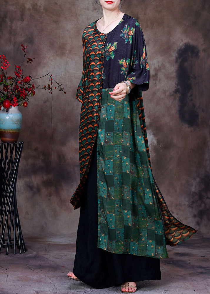 Stylish Green Asymmetrical Design Patchwork Silk Two Pieces Set Summer