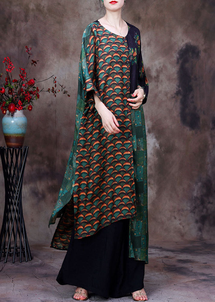 Stylish Green Asymmetrical Design Patchwork Silk Two Pieces Set Summer