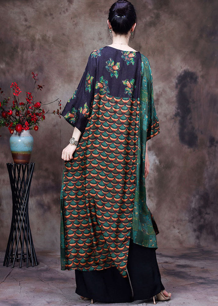 Stylish Green Asymmetrical Design Patchwork Silk Two Pieces Set Summer