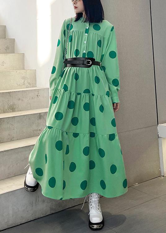 Stylish Green Dot Button Long sleeve Dress Spring - Omychic