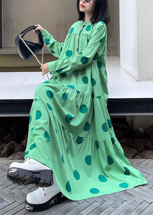 Stylish Green Dot Button Long sleeve Dress Spring - Omychic