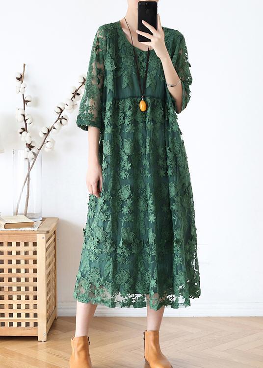 Stylish Green Embroideried Half Sleeve Party Summer Lace Dress - Omychic