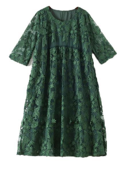 Stylish Green Embroideried Half Sleeve Party Summer Lace Dress - Omychic