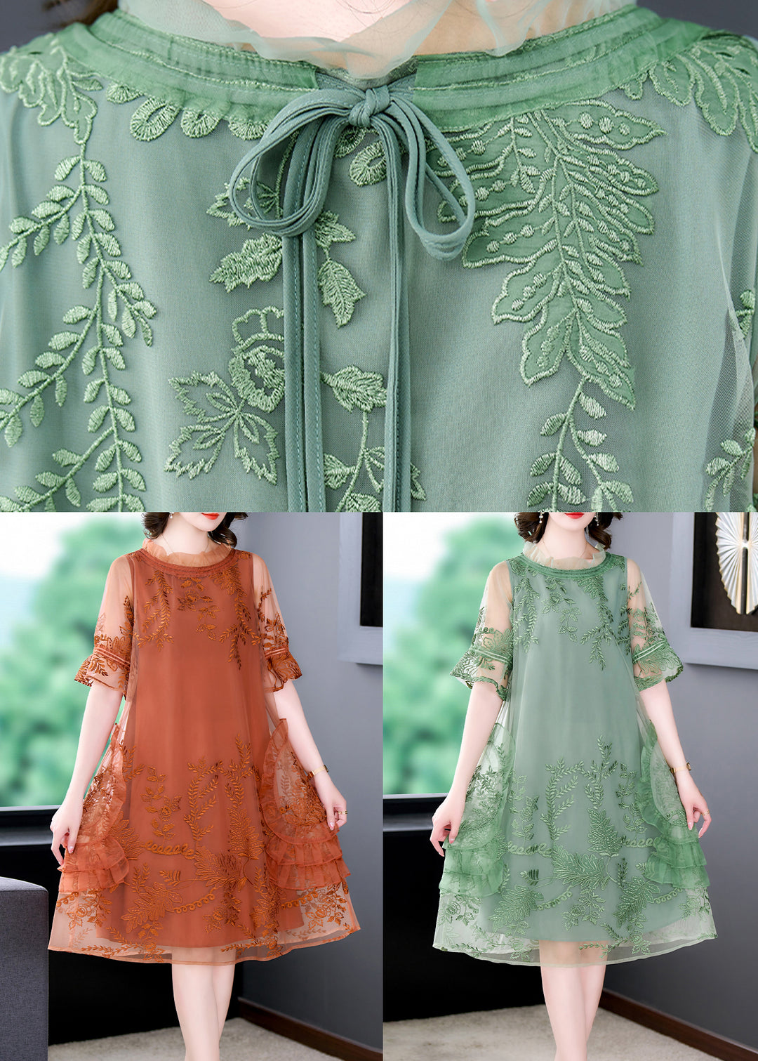 Stylish Green Embroideried Patchwork Tulle Mid Dresses Summer