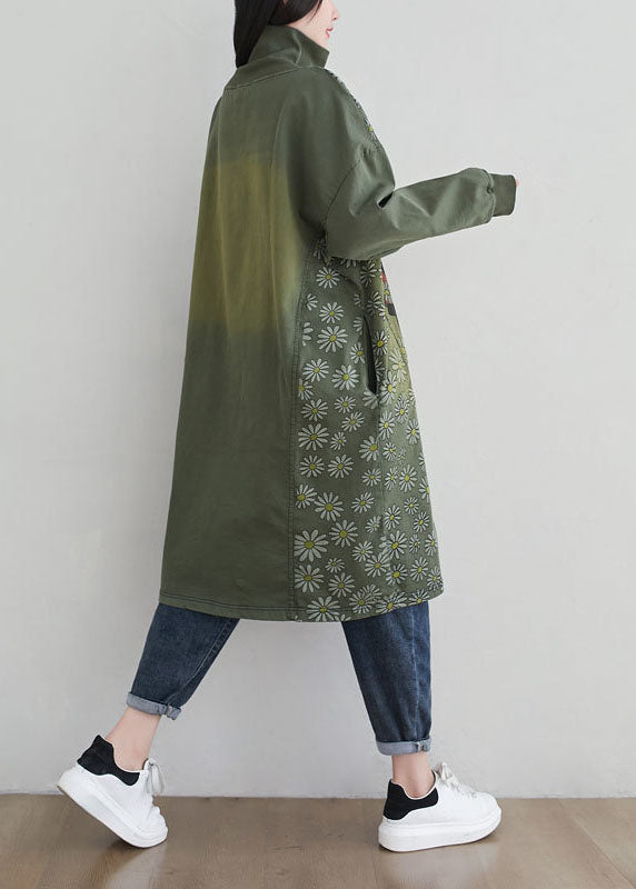 Stylish Green Hign Neck Patchwork Cotton Mid Dress Spring