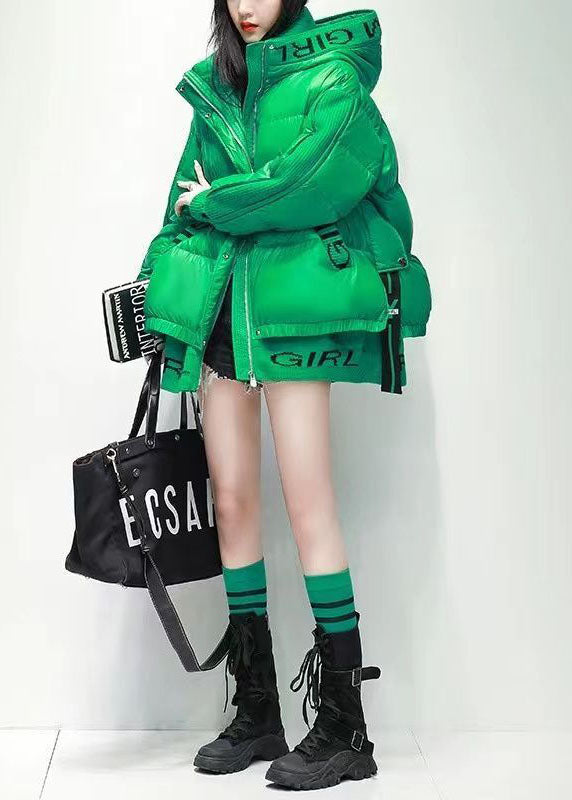 Stylish Green Hooded Patchwork Letter Print Thick Duck Down Down Coats Winter