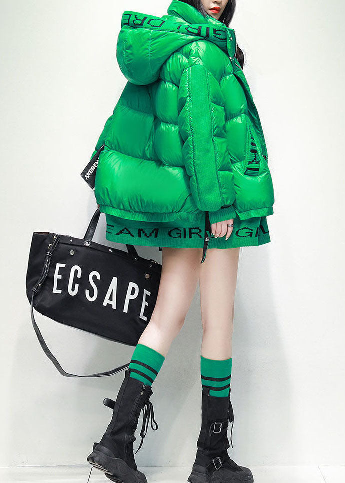 Stylish Green Hooded Patchwork Letter Print Thick Duck Down Down Coats Winter