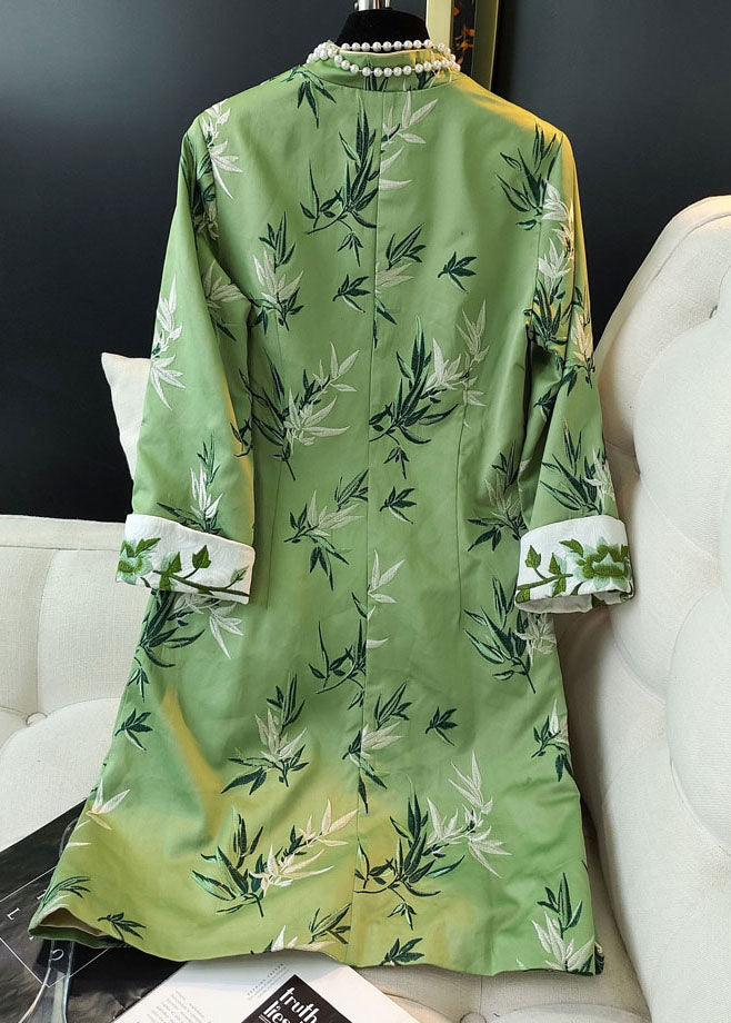 Stylish Green Mandarin Collar Embroidery Slim Fit Silk Dress Spring