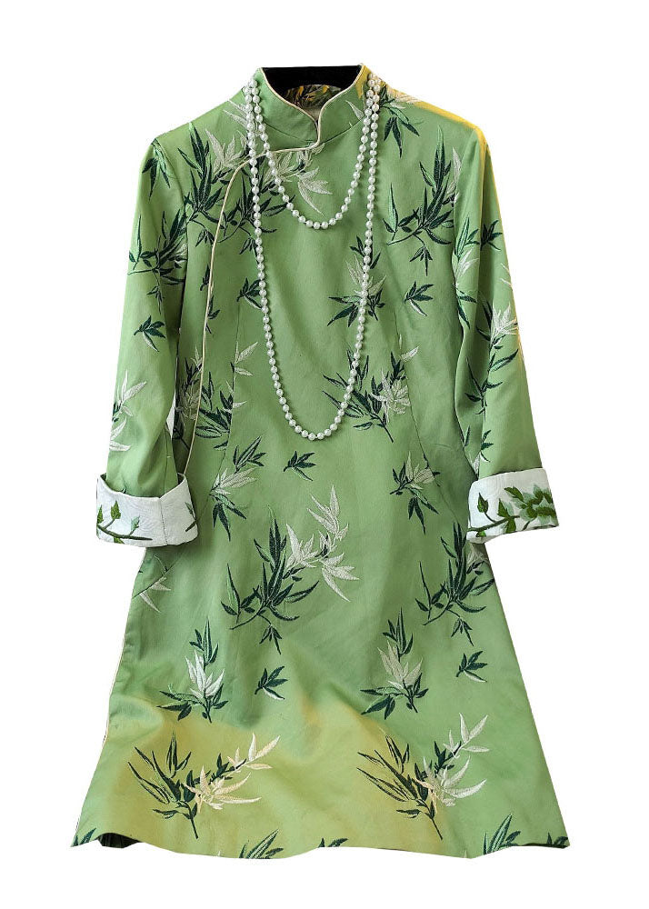 Stylish Green Mandarin Collar Embroidery Slim Fit Silk Dress Spring