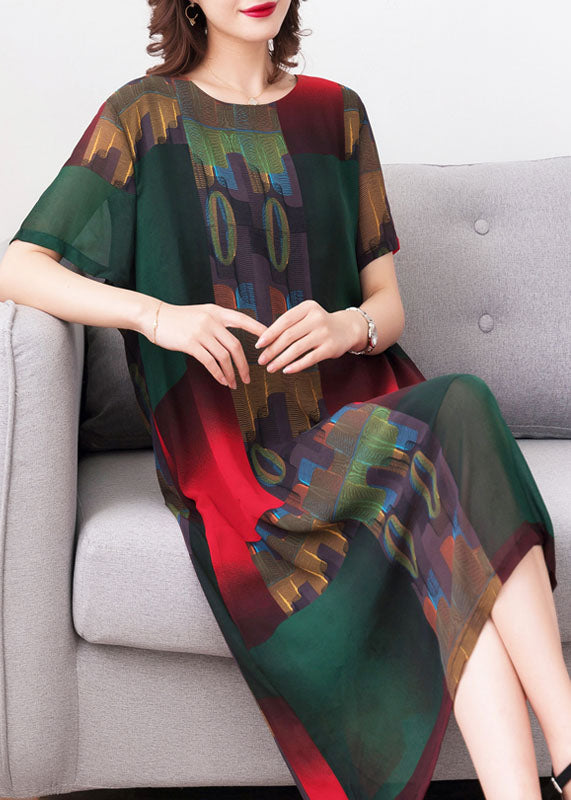 Stylish Green O Neck Print Patchwork Chiffon Dress Summer