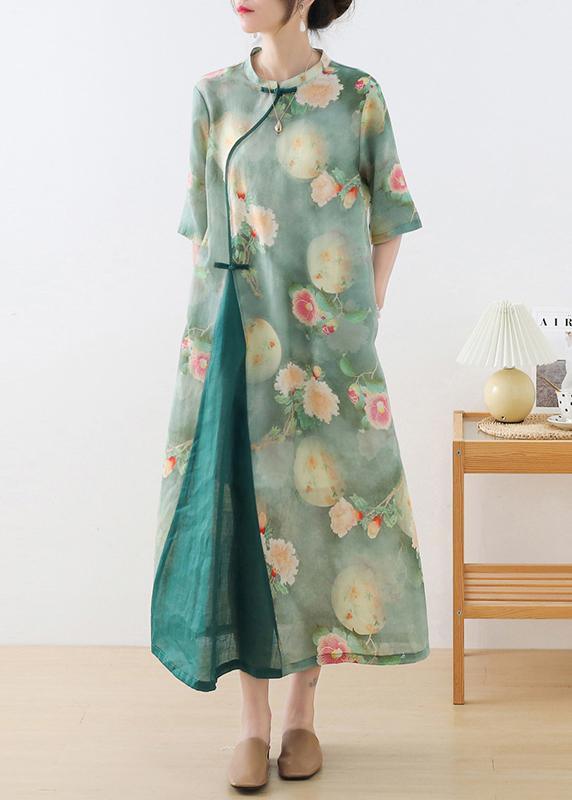 Stylish Green Print O-Neck Asymmetrical Design Dress Summer Ramie - Omychic